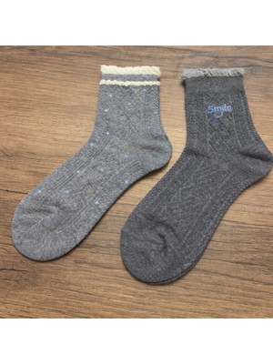 TrendyChic Ikili Mottolu Gri Soket Çorap