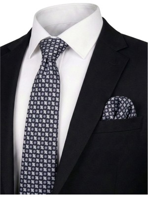 Bursa İpek Siyah Desenli Ipek Kravat Takımı
