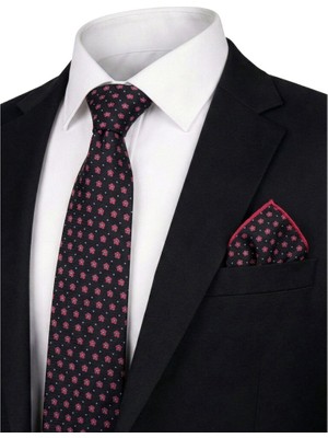Bursa İpek Siyah Desenli Ipek Kravat Takımı