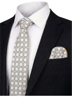 Bursa İpek Ekru Desenli Ipek Kravat Takımı