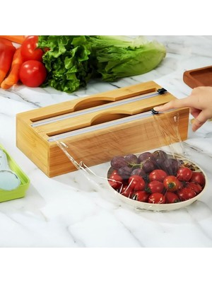 Hype Store Bambu Streç Film ve Folyo Düzenleyici, Kaydırılabilir Kesicili, 2'si 1 Arada Mutfak Çekmece Içi ve T