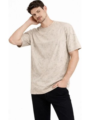 Marsilyan- Erkek Asit Yıkama Bisiklet Yaka Kısa Kollu Oversize T-Shirt Tişört - Bej