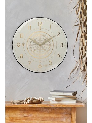 Hype Store Exclucive Compass Serisi Bombeli Cam Yaldızlı Ev ve Ofis Duvar Saati 35 cm Krem