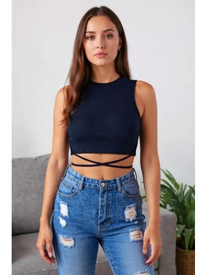 Kadın Lacivert Çapraz Bağlamalı Crop Top Büstiyer – Modern ve Şık Tasarım