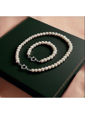 Taşmir Sertifikalı Doğal 8 mm Inci Kolye Bileklik Set - Paslanmaz Çelik Gemici Kilit