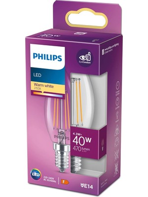 Hype Store Philips LED Classic 40W B35 LED Mum Filament Ampul, 2700K Sarı Işık, E14 Ince Duy, Dim Edilmez