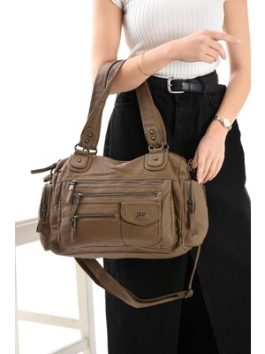 Duomino Yıkama Deri Vizon Çok Bölmeli Çapraz ve Omuz Çantası / Kol Çantası