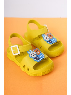Craftique Sarı Kaydırmaz Tabanlı Kız Erkek Çocuk Terlik Hayvan Figürlü Sandalet Kreş Havuz Günlük Ayakkabı