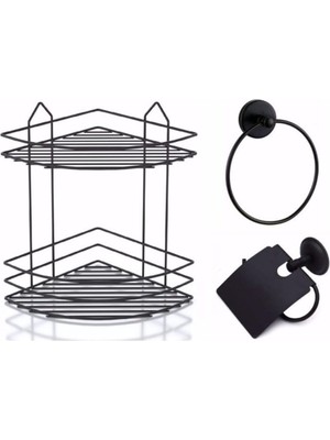 Hype Store Banyo Aksesuar Seti 3'lü Siyah, Ömür Boyu Paslanmaz Köşelik Duş Rafı Şampuanlık Siyah Ek-02