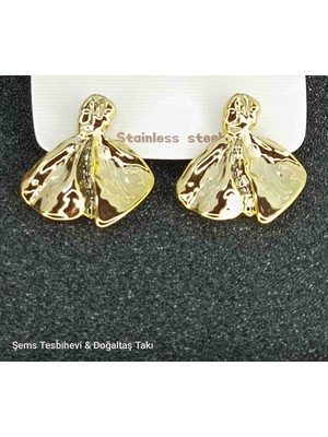 Şems Tesbihevi & Doğaltaş Takı Gümüş Tonlu Asimetrik Paslanmaz Çelik Küpe Organik Form Modern Tasarım