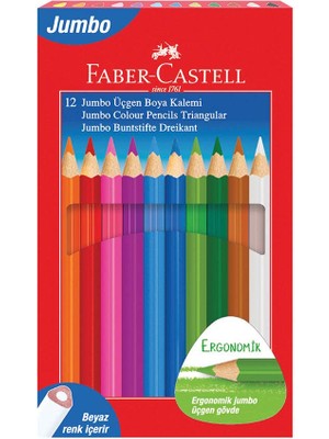Hype Store Faber-Castell Jumbo Üçgen Boya Kalemi, 12 Renk, Ergonomik Gövde, Beyaz Renk Içerir, Kalın Uçlu, Canl