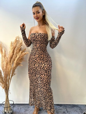 Pink Life Nude Tül Üzeri Flog Baskılı Leopar Desenli Kolluklu Midi Elbise