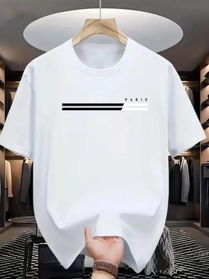 Amor Man Büyük Beden Özel Tasarım Paris Siyah-Beyaz Şerit Baskılı %100 Pamuk Modern Battal Erkek T-Shırt