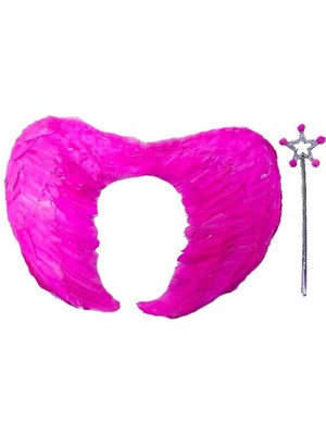 MOYS PARTY & AHSAP Gerçek Tüylü Katlanabilir Çocuk Pembe Melek Kanadı ve Asa Seti 40X55 cm