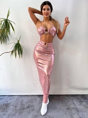 Pink Life Pembe Pu Faux Lame Tokalı Elbise