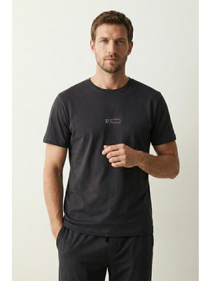 elemge %100 Pamuk Tok Penye Süprem Erkek 2'li Pijama Takımı Rahat Kalıp Koyu Antrasit Kısa Kol Cepli İpli Düşük Pil Gücü