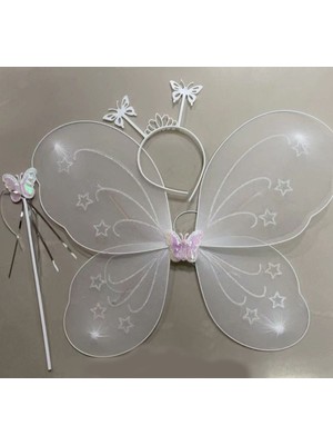 Beyaz Renk Kelebek Kanadı Tacı ve Sopası 50X37 cm