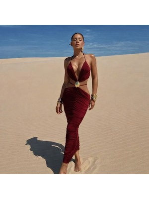 Pink Life Bordo Sandy Kumaş Toka Det.dekolteli Midi Elbise