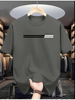 Amor Man Büyük Beden Özel Tasarım Paris Siyah-Beyaz Şerit Baskılı %100 Pamuk Modern Battal Erkek T-Shırt