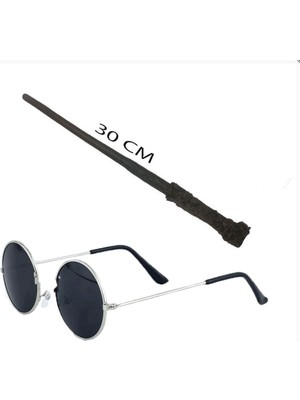 MOYS PARTY & AHSAP Harry Potter Asası 30 cm ve Siyah Metal Çerçeveli Harry Potter Gözlüğü Seti