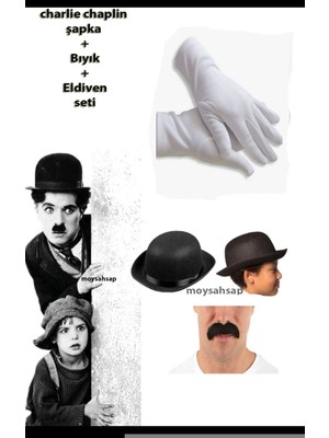 Charlie Chaplin Şapka Melon Şapka Bıyık ve Beyaz Eldiven Seti