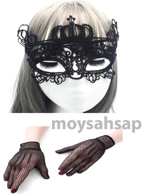 Siyah Renk Kesim Dantel Işlemeli Maske ve File Model Eldiven Seti -Model Seçiniz