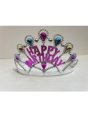 Gümüş Renk Happy Birthday Yazılı Doğum Günü Tacı 60 cm