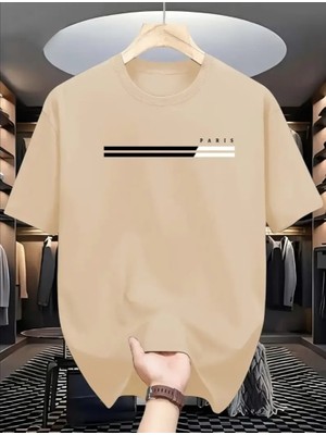 Amor Man Büyük Beden Özel Tasarım Paris Siyah-Beyaz Şerit Baskılı %100 Pamuk Modern Battal Erkek T-Shırt