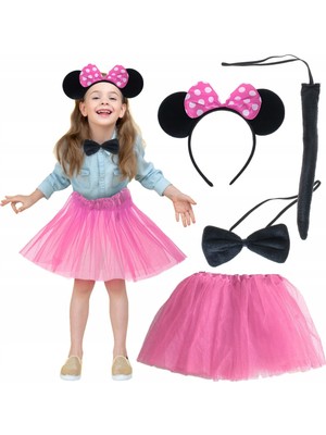 Minnie Kostüm Seti (Pembe Tütü Etek + Pembe Taç + Papyon + Kuyruk)