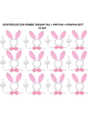 Pembe Tavşan Kostüm Seti – Taç, Papyon, Ponpon (12’li Paket)