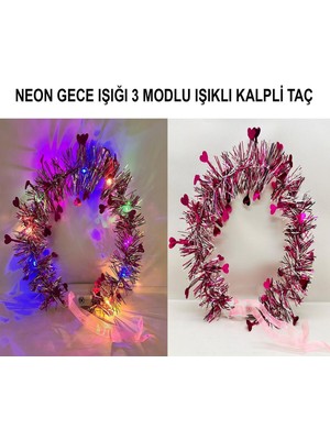 Kalp Püsküllü Gece Parıltısı 3 Modlu Led'li Işıklı Taç Fuşya Renk