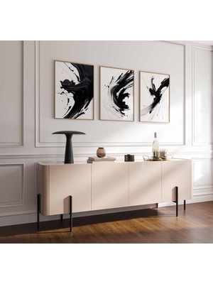 Pam Studio Siyah Beyaz Modern Soyut 3’lü Poster Seti - Fırça Darbeli Minimal Duvar Tablosu Dekorasyonu