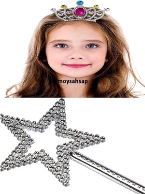 Gümüş Renk Taraklı Model Prenses Kraliçe Tacı ve Yıldız Prenses Asası Taç Model Seçiniz