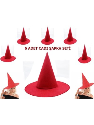 Kırmızı Renk Keçe Cadı Şapkası Yetişkin Çocuk Uyumlu 6 Adet