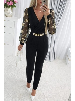 Marsilyan- Kadın Uzun Kollu Kruvaze Yakalı Kolları Çiçek Desenli Janjan Krep Tulum