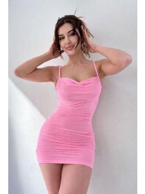 Pink Life Pembe Omuzdan Bağlamalı Sırtı Açık Bodycon Mini