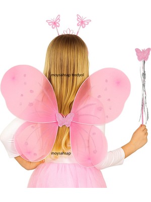 Pembe Kelebek Kanat-Asa-Taç-Seti 3 Parça-Kanat Kollar Lastikli