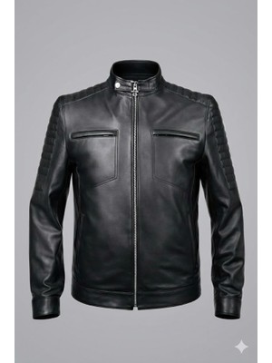 VERRA Özel Tasarım Hakiki Deri Hakim Yaka Fermuarlı Erkek Mont