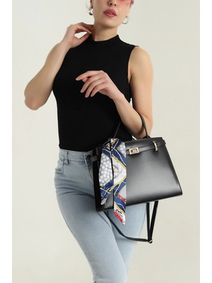 Clodi Siyah Kilit Kapaklı Fular Detaylı Fermuarlı Kadın El Kol ve Omuz Çantası