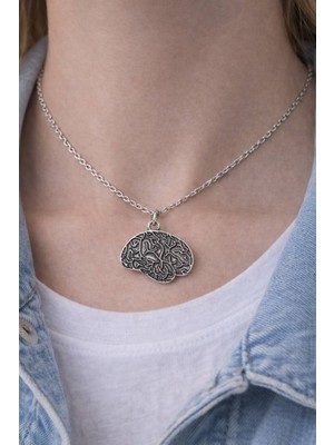 Herşey Nota Düşünce Temalı Beyin Figürlü Gümüş Renk Unisex Günlük Kolye