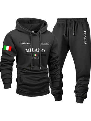 Bellanova Erkekler Moda Spor Sweatshirt Takımı, Milano Harfi ve Bayrak Baskılı Kapüşonlu ve Spor Pantolon Set