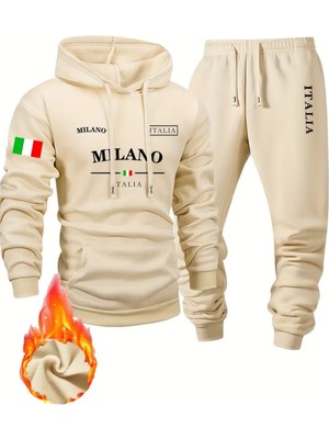 Bellanova Erkekler Moda Spor Sweatshirt Takımı, Milano Harfi ve Bayrak Baskılı Kapüşonlu ve Spor Pantolon Set