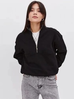 Marsilyan- Oversize Yarım Farmuarlı Yakalı Basic Sweatshirt - Siyah