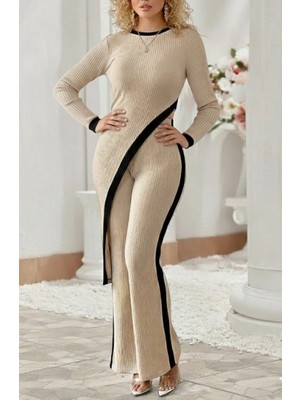 Marsilyan- Kadın Uzun Kollu Bisiklet Yaka Asimetrik Kesim Bluz Şardonlu Kaşkorse Bluz ve Pantolon Ikili Takım