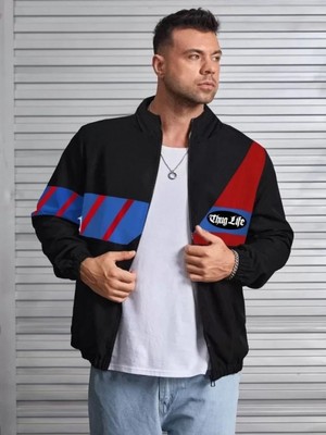 Marsilyan- Unisex Uzun Koll Fermuarlı Baskılı Rüzgarlik - Siyah