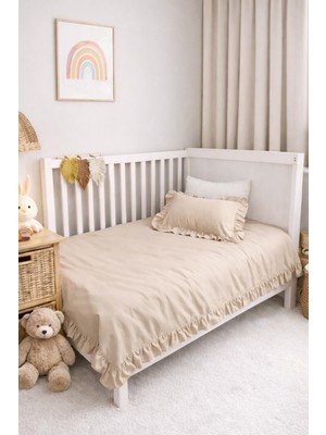 Piamom 100X150 Sade Düz Fırfırlı %100 Pamuklu Bebek/çocuk Nevresim Takımı Bej