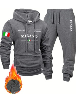Bellanova Erkekler Moda Spor Sweatshirt Takımı, Milano Harfi ve Bayrak Baskılı Kapüşonlu ve Spor Pantolon Set