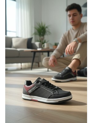 Enoch Erkek Günlük Spor Ayakkabı Siyah Sneaker Bordo Detaylı Perfore ve Dikişli Model