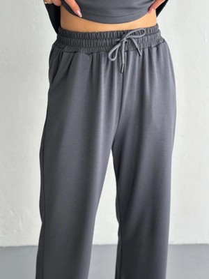 Marsilyan- Osy Modal Yumuşak Dokulu Kumaş Kısa Kollu Yakalı T-Shirt Pantalon Ikili Takım- Antrasit