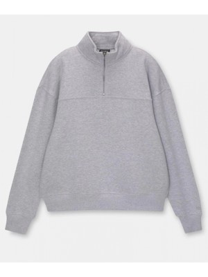 Marsilyan- Oversize Yarım Farmuarlı Yakalı Basic Sweatshirt - Gri